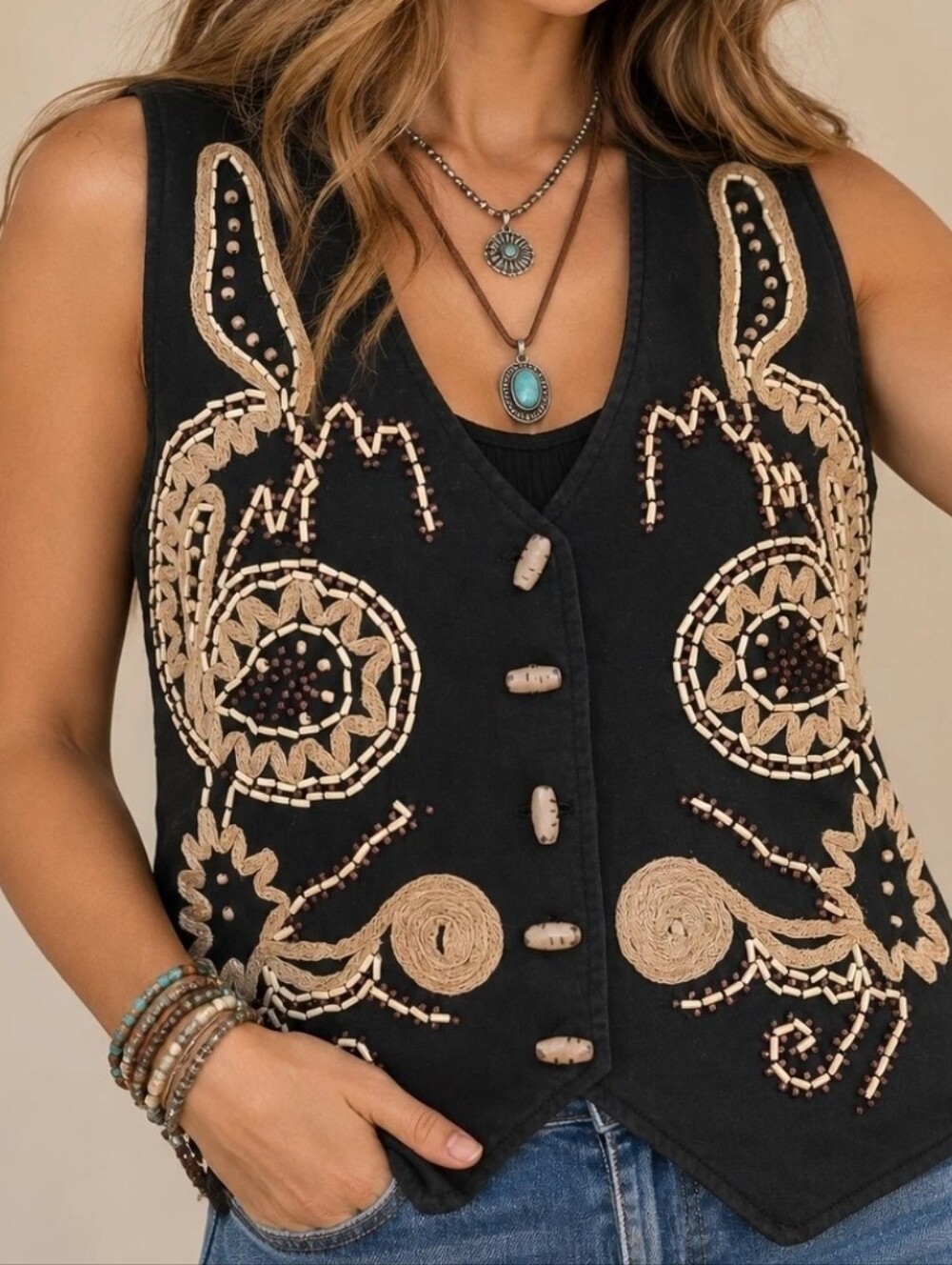 Ivy Vintage Womans Medium Wood Beading Black Boho Western Thrifted Retro Vest